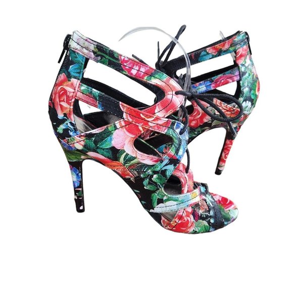 Madden Girl Floral Lace-Up Open-Toe High Heels With Back Zipper & Cutout Design - Picture 9 of 10